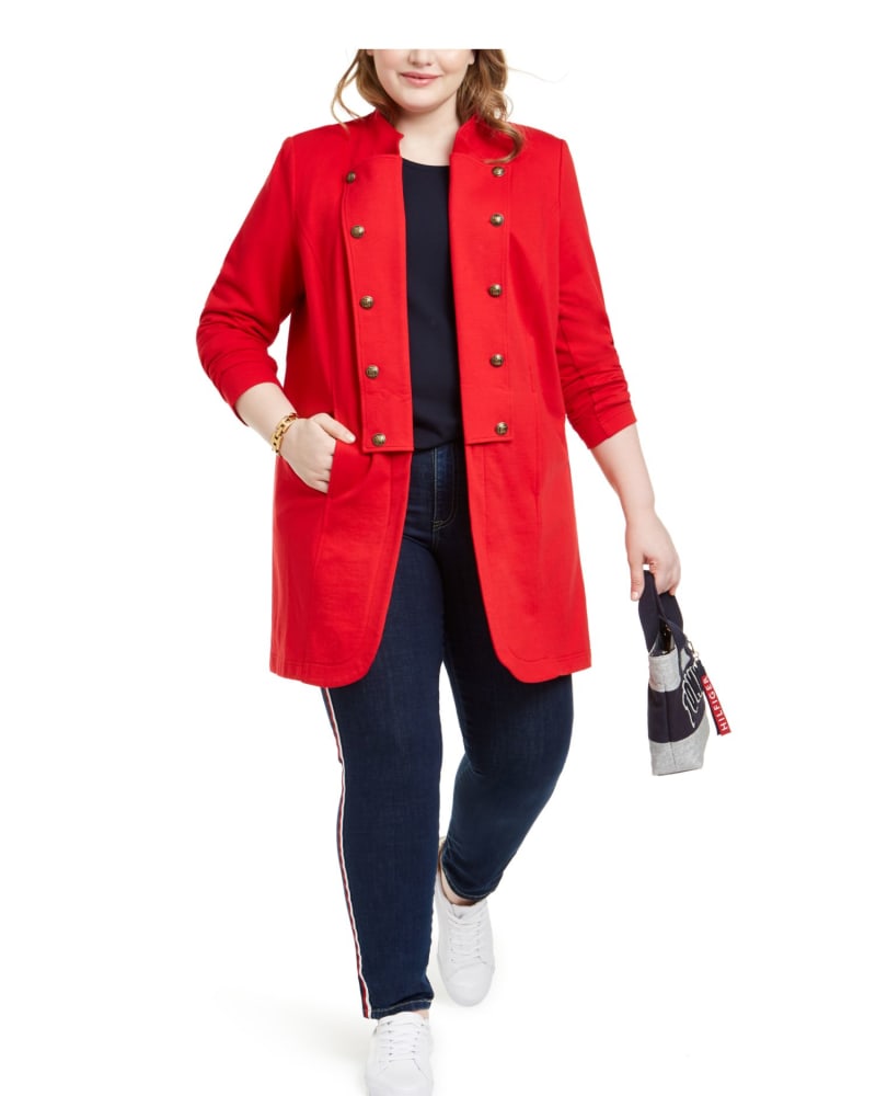 Tommy Hilfiger Womens Plus Double Breasted MIDI Military Jacket Red Si